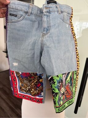 Dolce & Gabbana Light Blue Denim Shorts with Multicolor Patchwork Panels